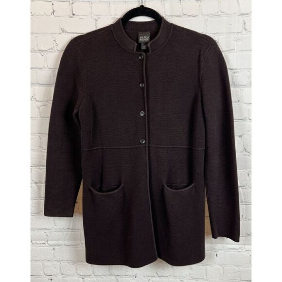 EILEEN FISHER brown silk cotton button knit cardigan sweater size XS - Picture 1 of 6